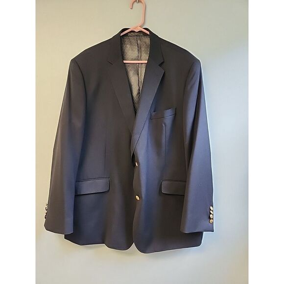 EISENBERG men's 50R Navy‎ suit coat Sport Jacket Blazer Wool Blend Gold Buttons - Picture 1 of 10
